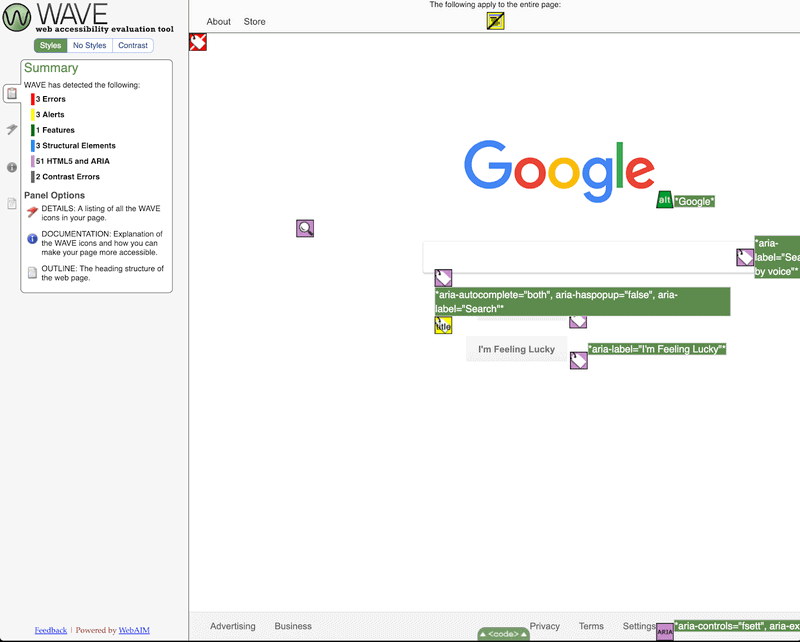 Example WAVE report on the Google home page